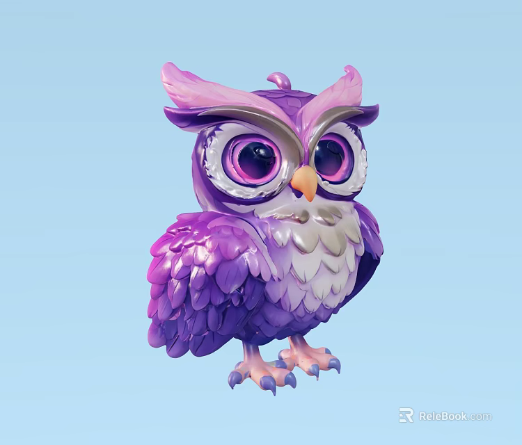 Purple Owl Toy With Big Eyes Pink Ears And Purple White Feathers Light Blue Background 3d model 