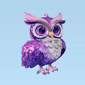 Purple Owl Toy With Big Eyes Pink Ears And Purple White Feathers Light Blue Background