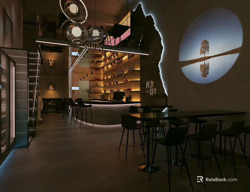 Modern Bar Interior With Stylish Counter Seating Art Projection And Ambient Lighting 3d model 