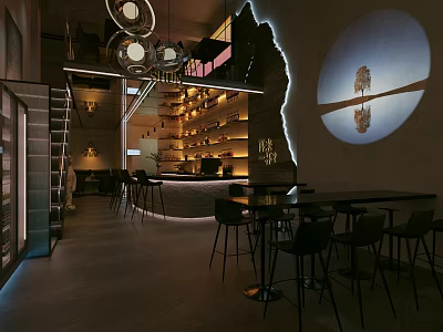 Modern Bar Interior With Stylish Counter Seating Art Projection And Ambient Lighting 3d model