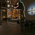 Modern Bar Interior With Stylish Counter Seating Art Projection And Ambient Lighting