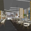 Modern Restaurant Interior With Spacious Dining Area Tables Chairs Hanging Lights And Plants