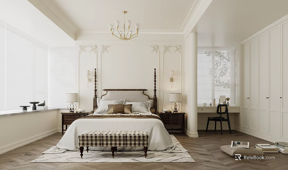 Elegant Classic Bedroom Interior With Four Poster Bed Chandelier Nightstands And Area Rug 3d model 