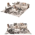 Modern Beige Sofa And Coffee Table Set With Multiple Pillows Side Table And Area Rug 3d model