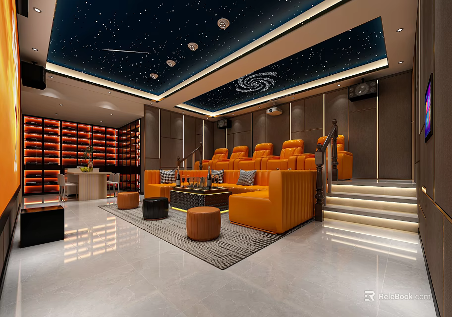 Modern Home Theater with Starry Ceiling Orange Seating and Wine Cabinet Setup 3d model