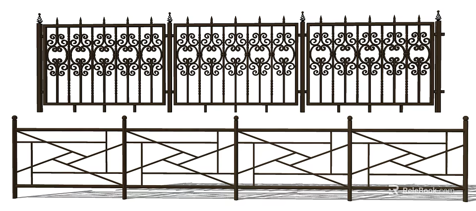 Ornate Wrought Iron Fence with Intricate Patterns and Geometric Cross Structures 3d model 