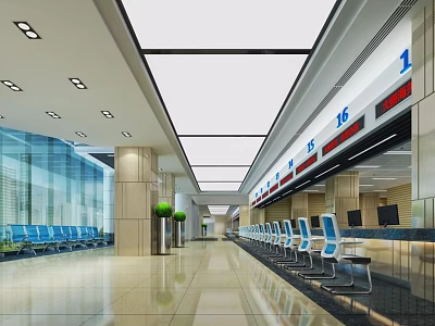 Modern Service Hall With Blue Chairs Service Counters Digital Displays And Bright Interior 3d model
