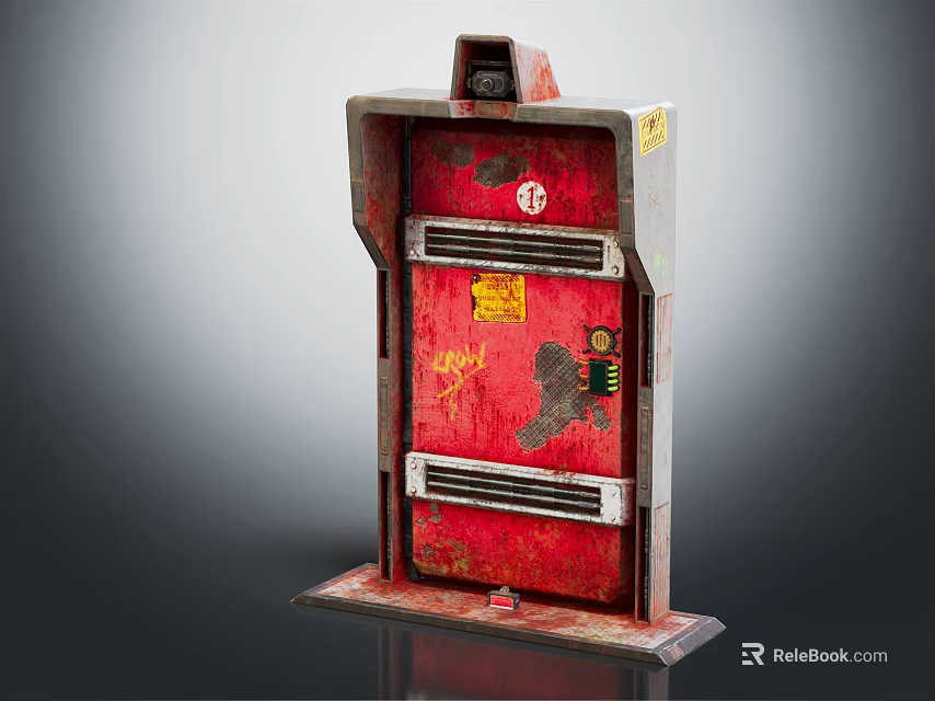 Red Vintage Control Device Featuring Metal Frame Worn Surface Yellow Stickers And Black Top 3d model 