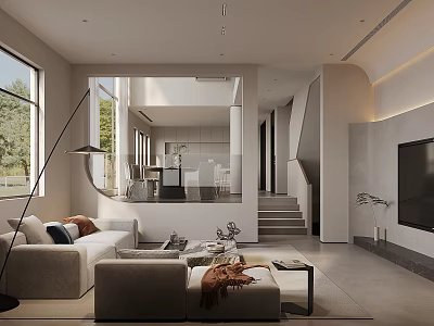 Modern Living Dining Room Interior With Sofa Coffee Table TV Staircase And Large Windows 3d model