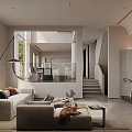 Modern Living Dining Room Interior With Sofa Coffee Table TV Staircase And Large Windows