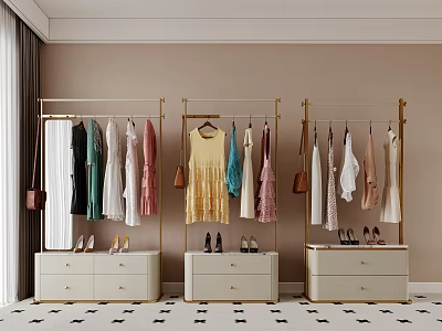 Three Golden Clothes Racks with Hanging Colorful Clothes Handbags Below Drawer Cabinets and High Heels 3d model