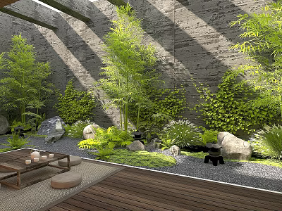 Tranquil Garden Landscape With Bamboo Green Plants Rocks Wooden Deck And Sunlight 3d model
