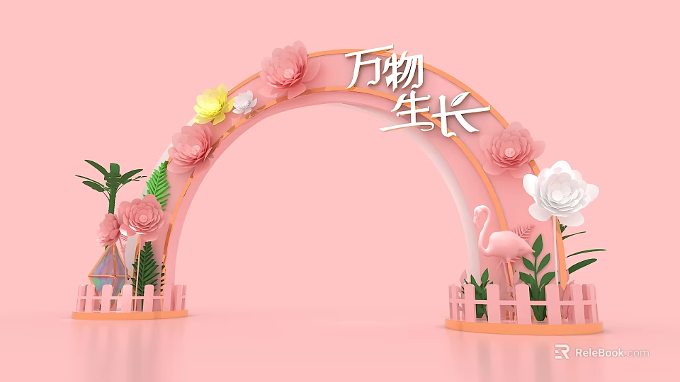 Pink Flower Decorated Archway With Everything Grows Flamingo Green Plants And Small Fences 3d model 