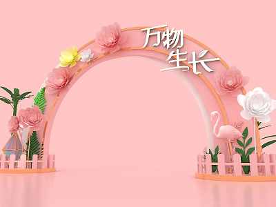 Pink Flower Decorated Archway With Everything Grows Flamingo Green Plants And Small Fences 3d model