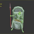Muscular Mythic Warrior Seated On Ornate Throne Holding Spear With Creature Engravings