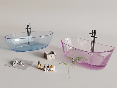 Transparent Blue and Pink Bathtubs with Bathroom Accessories Slippers and Small Potted Plant 3d model
