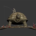 Small Person Sitting On Giant Tortoise Back With Red Objects And Stones On Brown Mat
