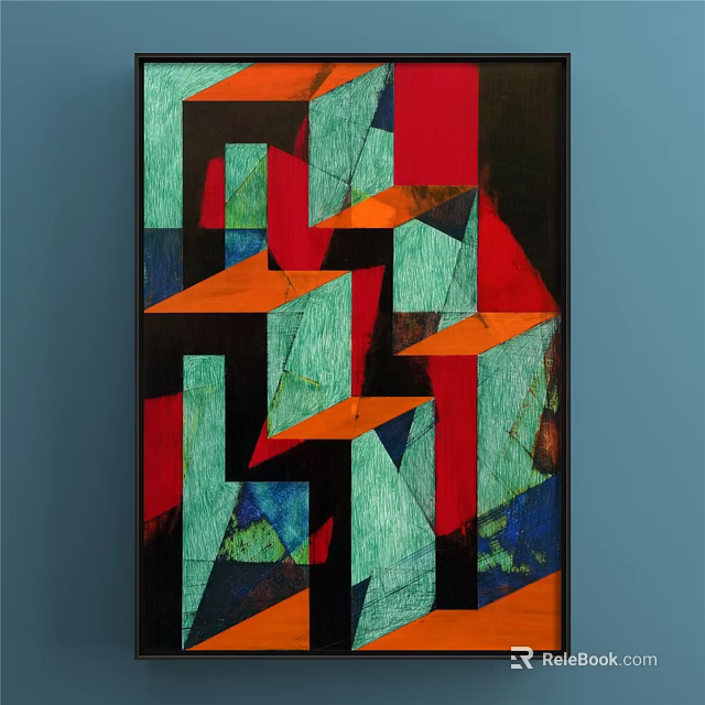 Abstract Painting With Geometric Shapes Colorful Red Green Orange Blue Tones Modern Style 3d model 