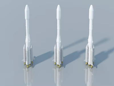 Three White Rocket Models With Multiple Boosters And Yellow Base On Gray Background With Reflections 3d model