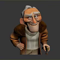 Elderly Man With White Hair Wrinkles And Brown Coat Holding Cane In Cartoon Style