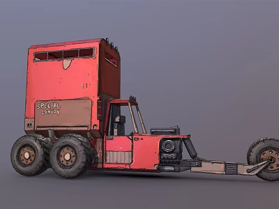 Red Double Deck Truck With Vintage Industrial Style And Large Wheels 3d model