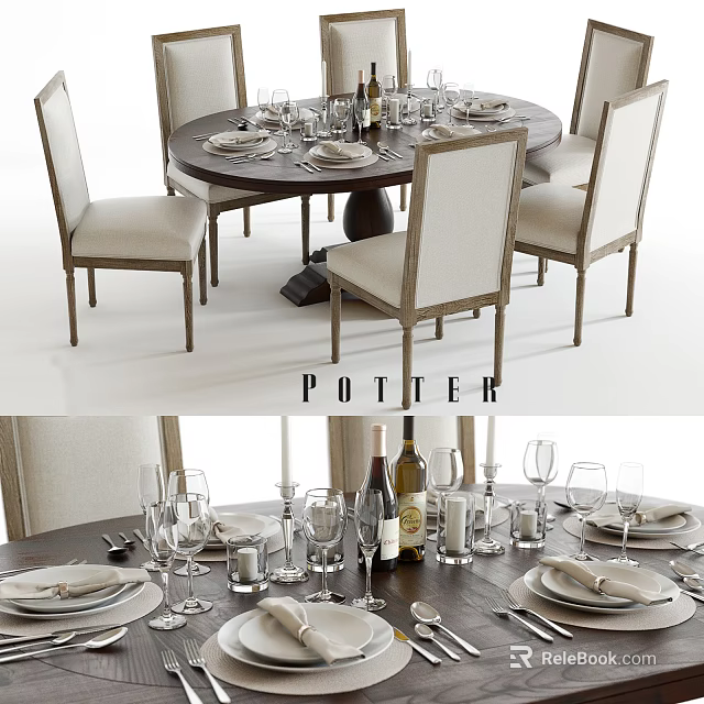 Elegant Modern Dining Table Set With Chairs Tableware And Wine Glasses 3d model