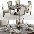 Elegant Modern Dining Table Set With Chairs Tableware And Wine Glasses 3d model