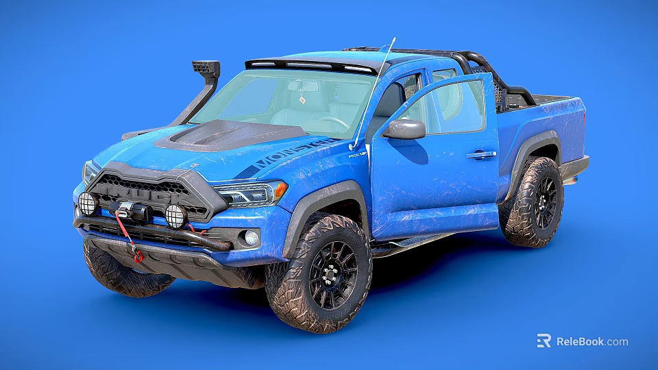 Blue Pickup Truck With Off Road Style Modified Bumper Roof Rack Large Tires Open Door 3d model 