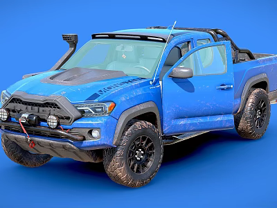Blue Pickup Truck With Off Road Style Modified Bumper Roof Rack Large Tires Open Door 3d model