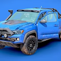 Blue Pickup Truck With Off Road Style Modified Bumper Roof Rack Large Tires Open Door