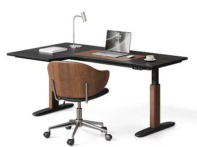 Modern L Shaped Height Adjustable Desk And Comfortable Wooden Swivel Chair Set For Home Office 3d model