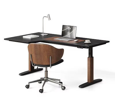 Modern L Shaped Height Adjustable Desk And Comfortable Wooden Swivel Chair Set For Home Office 3d model