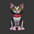 Cute 3D Kitten Model With Pink Ears Yellow Eyes Red Collar And Brown White Fur
