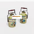 Vintage Cream Colored Storage Containers With Floral Patterns And Red Handles