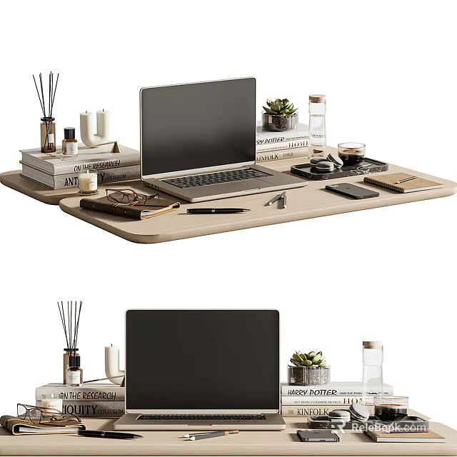 Modern Laptop Workspace Setup With Books Plants Stationery And Water Bottle 3d model 