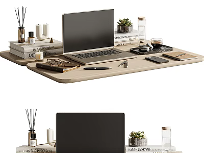 Modern Laptop Workspace Setup With Books Plants Stationery And Water Bottle 3d model