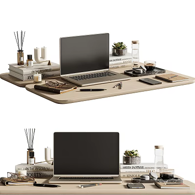 Modern Laptop Workspace Setup With Books Plants Stationery And Water Bottle 3d model