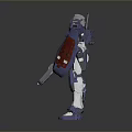 Game and Movie Character Futuristic Mech with Blue Purple Armor Red Shield and White Legs
