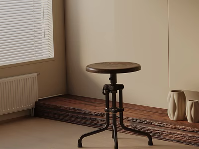 Round Top Bar Stool with Metal Frame by Window on Wooden Floor with Vases 3d model