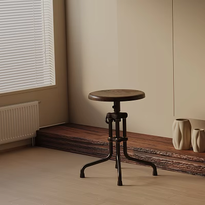 Round Top Bar Stool with Metal Frame by Window on Wooden Floor with Vases 3d model