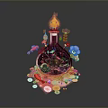 Vibrant Decorative Bottle Featuring Chicken Feathers And Organ Inspired Ornaments