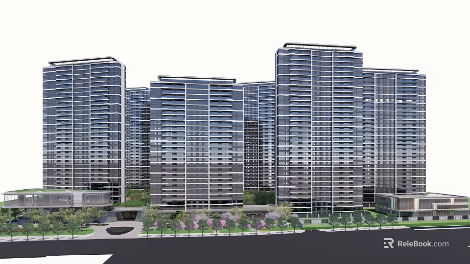 Modern High Rise Residential Buildings With Green Landscaping And Exterior Design 3d model 