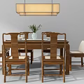 Chinese Style Solid Wood Dining Table Set With Beige Cushioned Chairs And Pendant Light 3d model