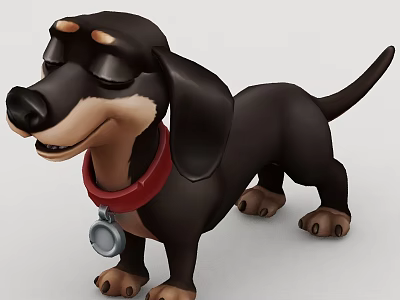 Cute Cartoon Dachshund Toy With Black Brown Fur Red Collar And Silver Tag 3d model