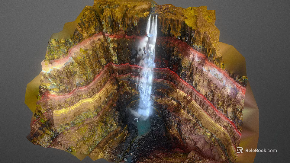 Garden Landscape With Layered Rock Terraces Central Waterfall And Colorful Natural Pool Design 3d model 