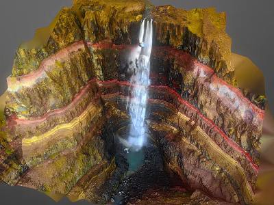 Garden Landscape With Layered Rock Terraces Central Waterfall And Colorful Natural Pool Design 3d model