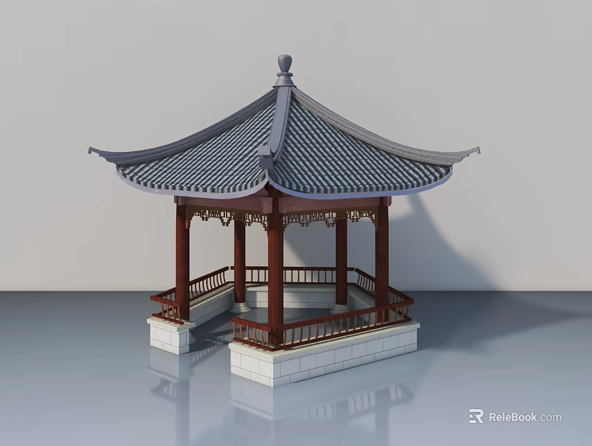 Traditional Chinese Pavilion With Wooden Swing Door And Tile Roof Design 3d model 