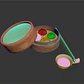 Steamed Buns In Bamboo Steamer With Chopsticks And Soy Sauce Dish