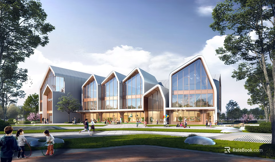 Modern School Building With Gabled Roofs Large Glass Windows Green Lawn Trees And People Around 3d model 