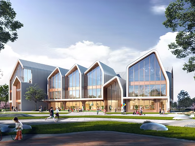 Modern School Building With Gabled Roofs Large Glass Windows Green Lawn Trees And People Around 3d model